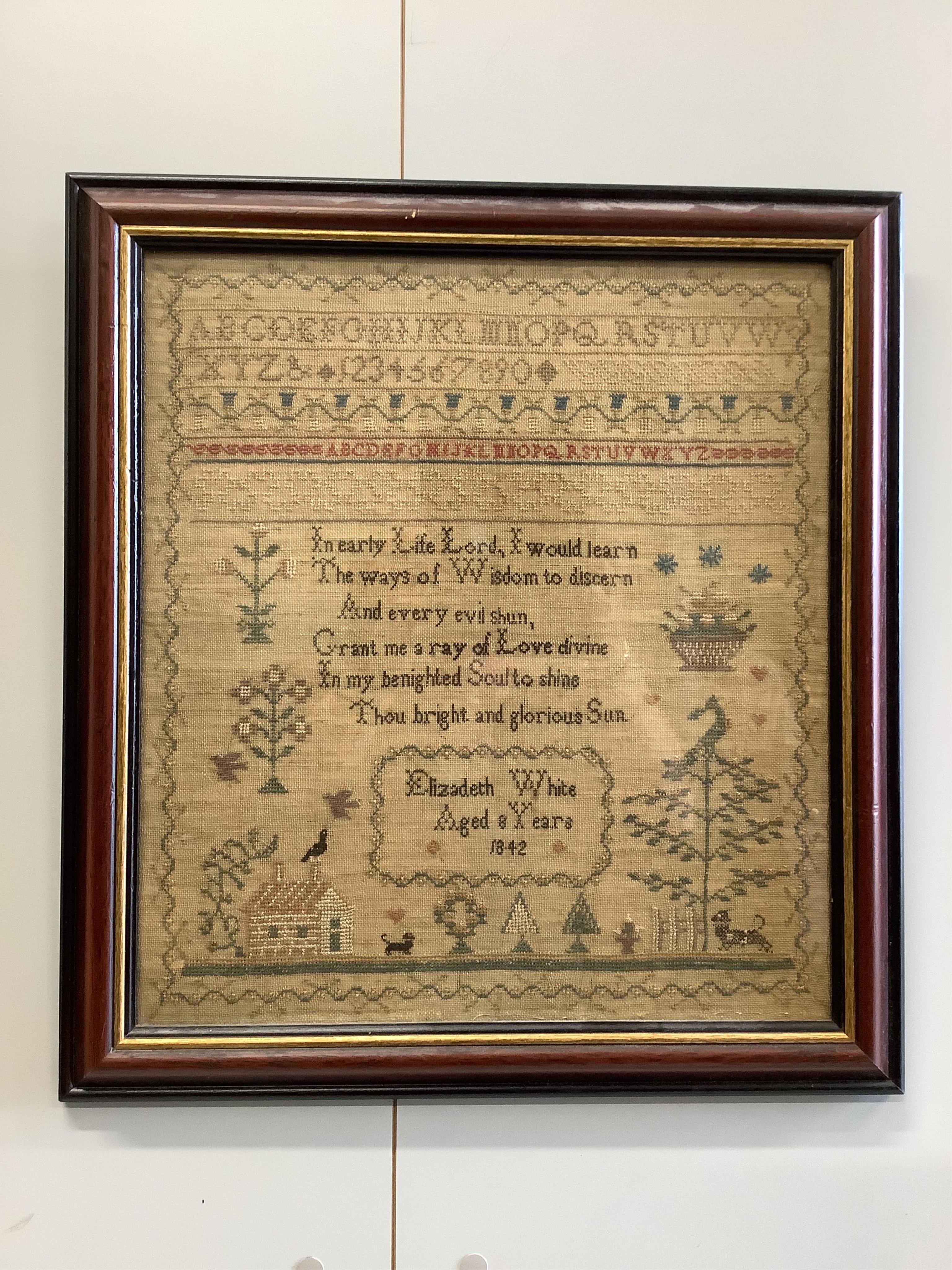 Two mid 19th century samplers worked by Elizabeth White, one dated 1842 aged 8 years, the other 1844 aged 11 years, both worked with a country scene of a house, birds, dogs and trees, the earlier sampler with a top panel